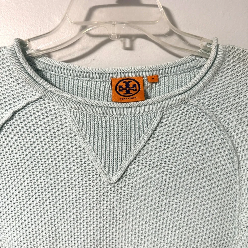 Tory Burch Crew Neck Waffle Knit Sweater Ice blue Raglan Sleeve Pullover Women M
